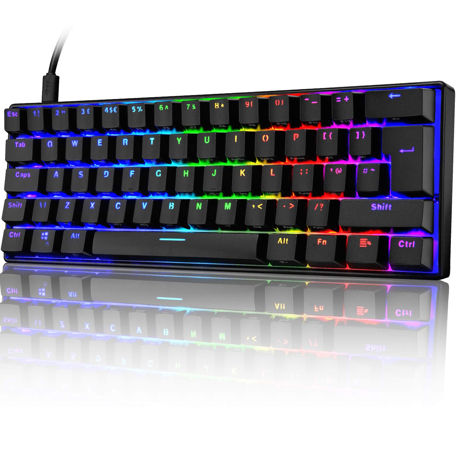 UK Layout 60% True Mechanical Gaming Keyboard Type C Wired 62 Keys LED Backlit USB Waterproof Keyboard 14 Chroma RGB Backlight Full Anti-ghosting Keys for Computer/PC/Laptop/MAC (Black/Brown Switch)