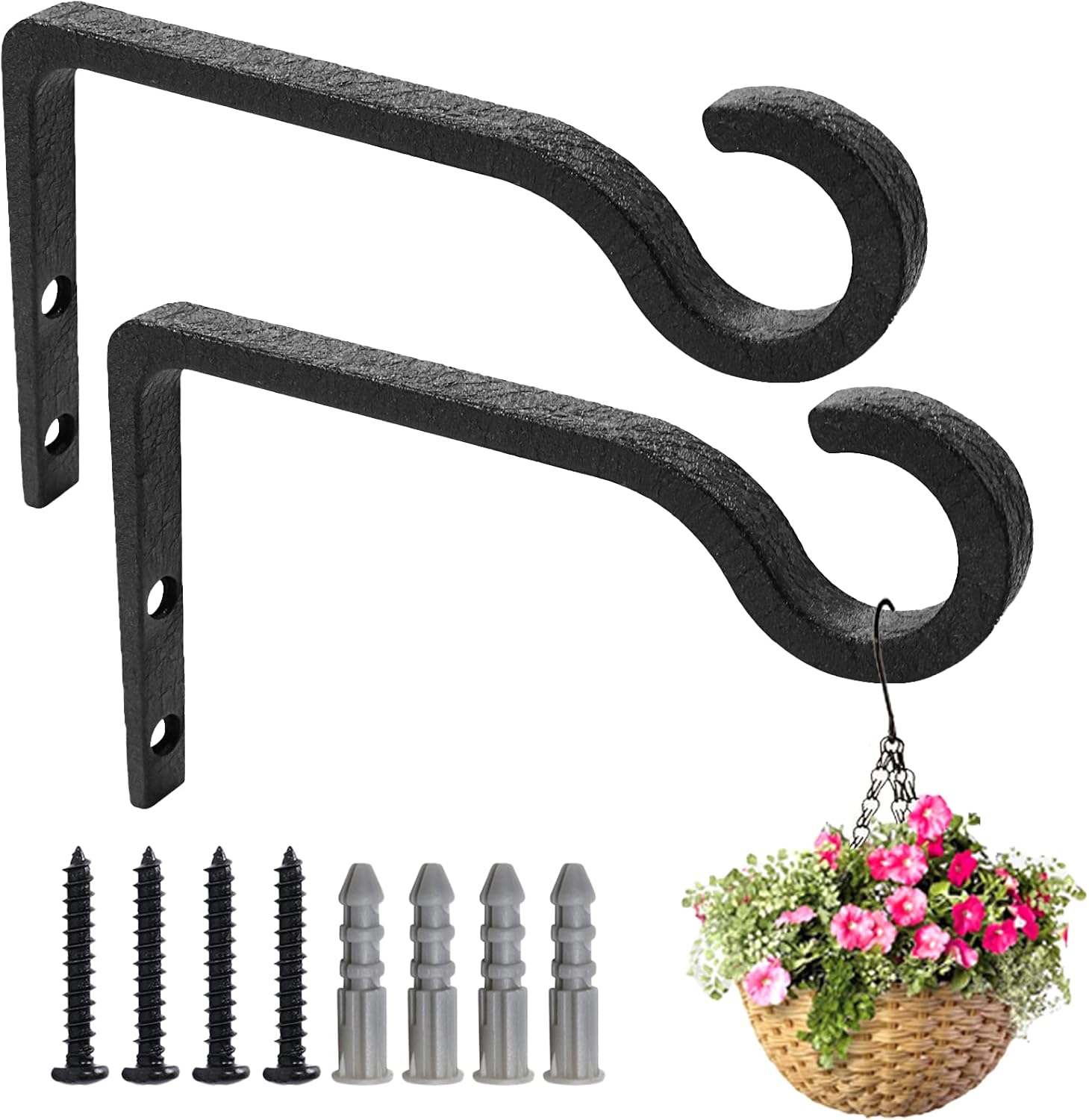 Outdoor Hanging Brackets - Hanging Plant Bracket for Wall Hooks, 6 Inch Metal Plant Hook Decorative Wall Plant Bracket for Hanging Bird Feeders, Flower Baske, Lanterns, Wind Chimes, Home Decor Indoor & Outdoor 2 Pack, Black