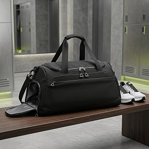Gym Bag with Shoe Compartment & Wet Pocket Waterproof Sports Duffel Bag with Trolley Sleeve Travel Weekender for Women-Black