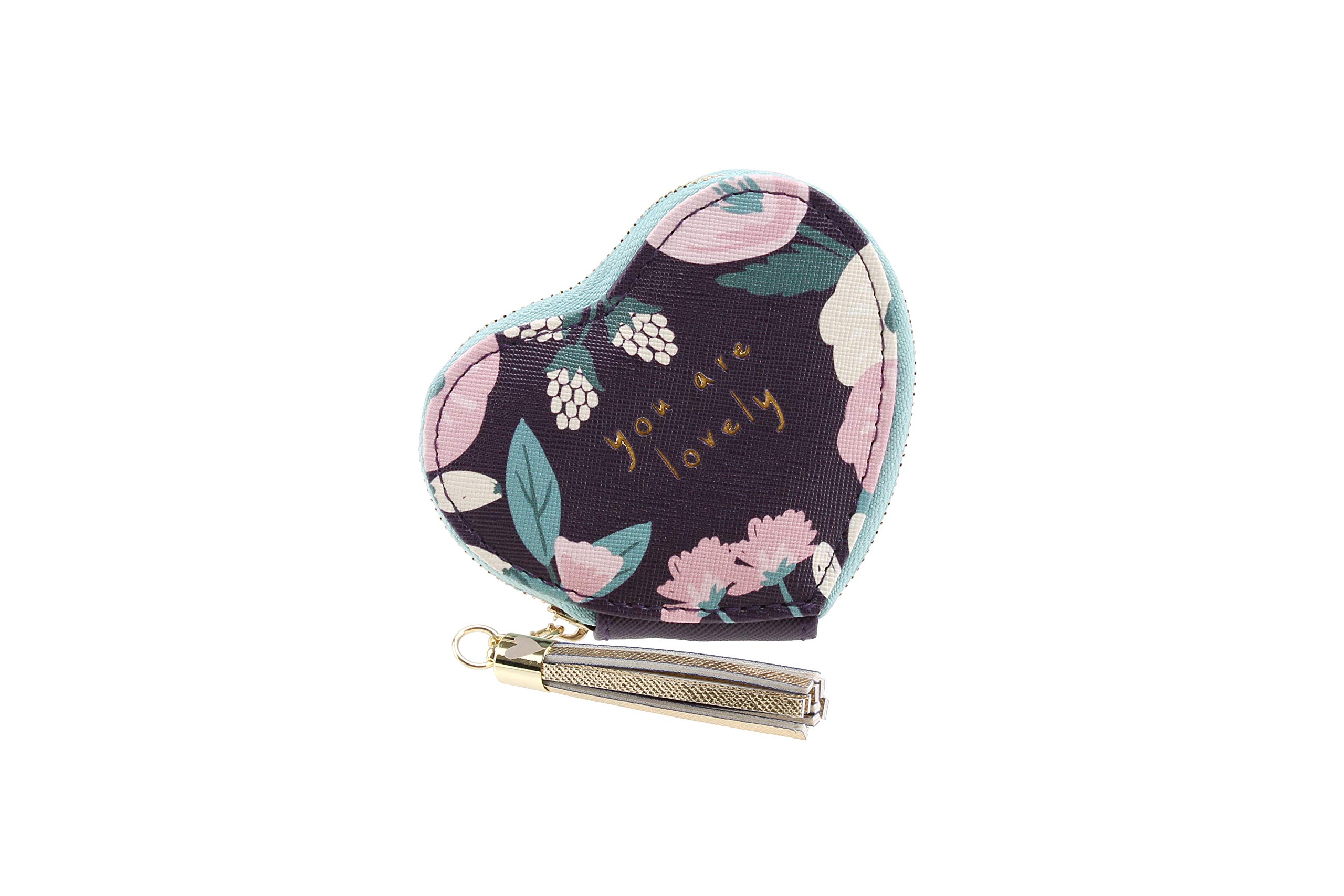 CGB Giftware | Purple Heart Shape Zipper Coin Purse | Saffiano PVC Leather | Floral Design | 'You are Lovely' | GB01033