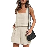 YMING Womens 2 Piece Outfits Linen Matching Sets Sleeveless Crop Tank Tops and High Waist Lounge Shorts with Pockets
