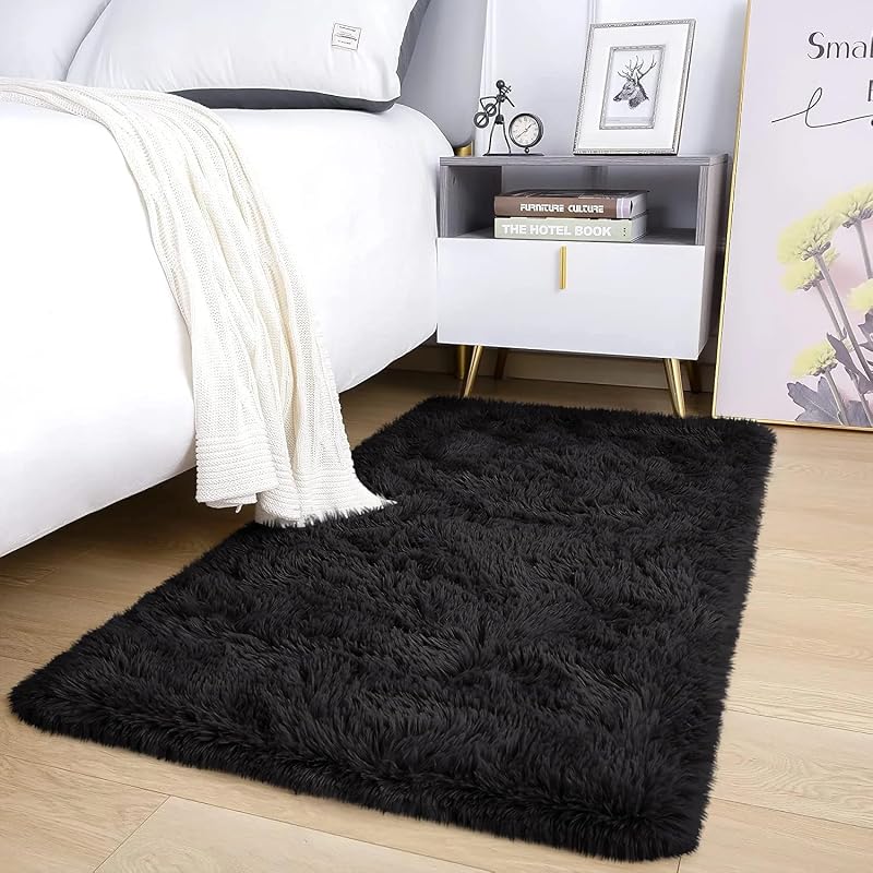 AMEHA Small Shaggy Rug 50x80 cm Black Soft Non Slip Bedroom Accent Carpet