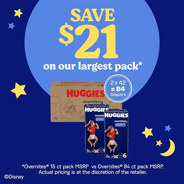 HUGGIES SIZE 6 OVERNITES BABY DIAPERS: OVERNIGHT DIAPERS, SIZE 6 (35+ LBS), 84 CT (2 PACKS OF 42), PACKAGING MAY VARY