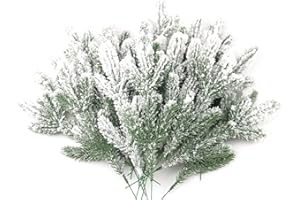 FEITORE 30 Pcs Snow Frosted Pine Branches 11.3 Inch Artificial Flocked Pine Picks for Christmas Tree Filler Branches Snowy Pine Stems Winter Pine Spray Tree Sprigs for DIY Crafts Garland Wreath Holiday Decor