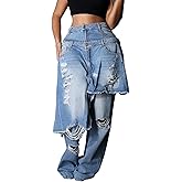 Vakkest Women's High Waisted Jeans Baggy Ripped Irregular Patchwork Denim Pants Straight Wide Leg Trousers Streetwear