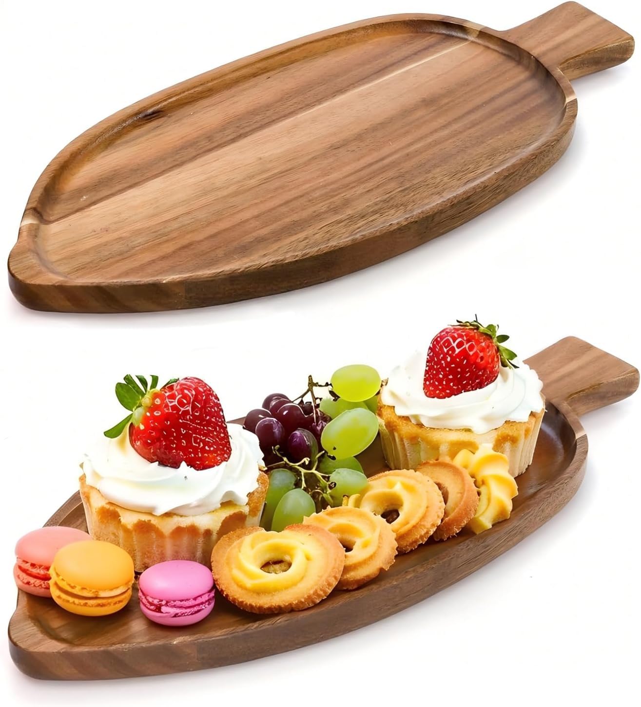 Photo 1 of YOUEON 2 Pcs Leaf Shaped Acacia Wood Serving Trays, 13 x 5.5 Inch Decorative Wooden Platters, Versatile Wooden Trays for Cheese, Appetizers, Fruit, Candle, Jewelry, Home Decor