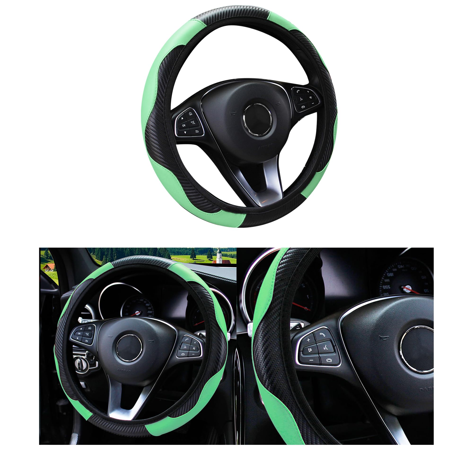 Photo 1 of Couslcd Car Steering Wheel Cover, 15 inch Carbon Fiber Microfiber PU Leather Elastic Steering Wheel Protector for Men Women, Anti-Slip Breathable Car Interior Accessories for Most Cars (Green)