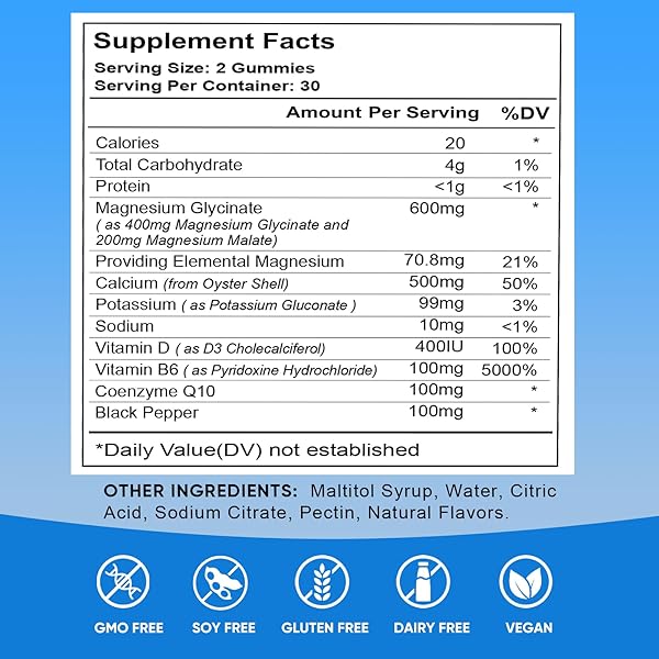 2000MG MAGNESIUM GLYCINATE GUMMIES – SUGAR FREE MAGNESIUM POTASSIUM SUPPLEMENT WITH VITAMIN D, B6, COQ10 FOR CALM MOOD & SLEEP SUPPORT – 60GUMMIES