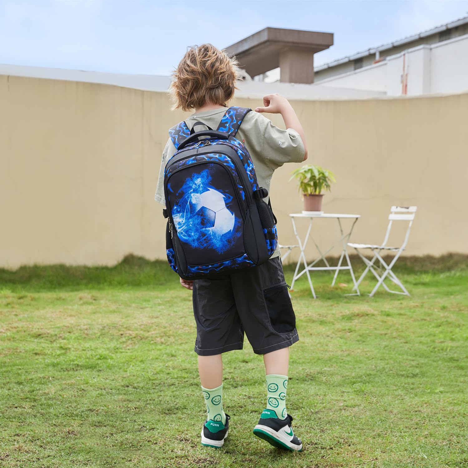 mezhsa Boys Backpack Kids Bookbag Durable Elementary Middle School Bags Soccer 18in (X-Blue)