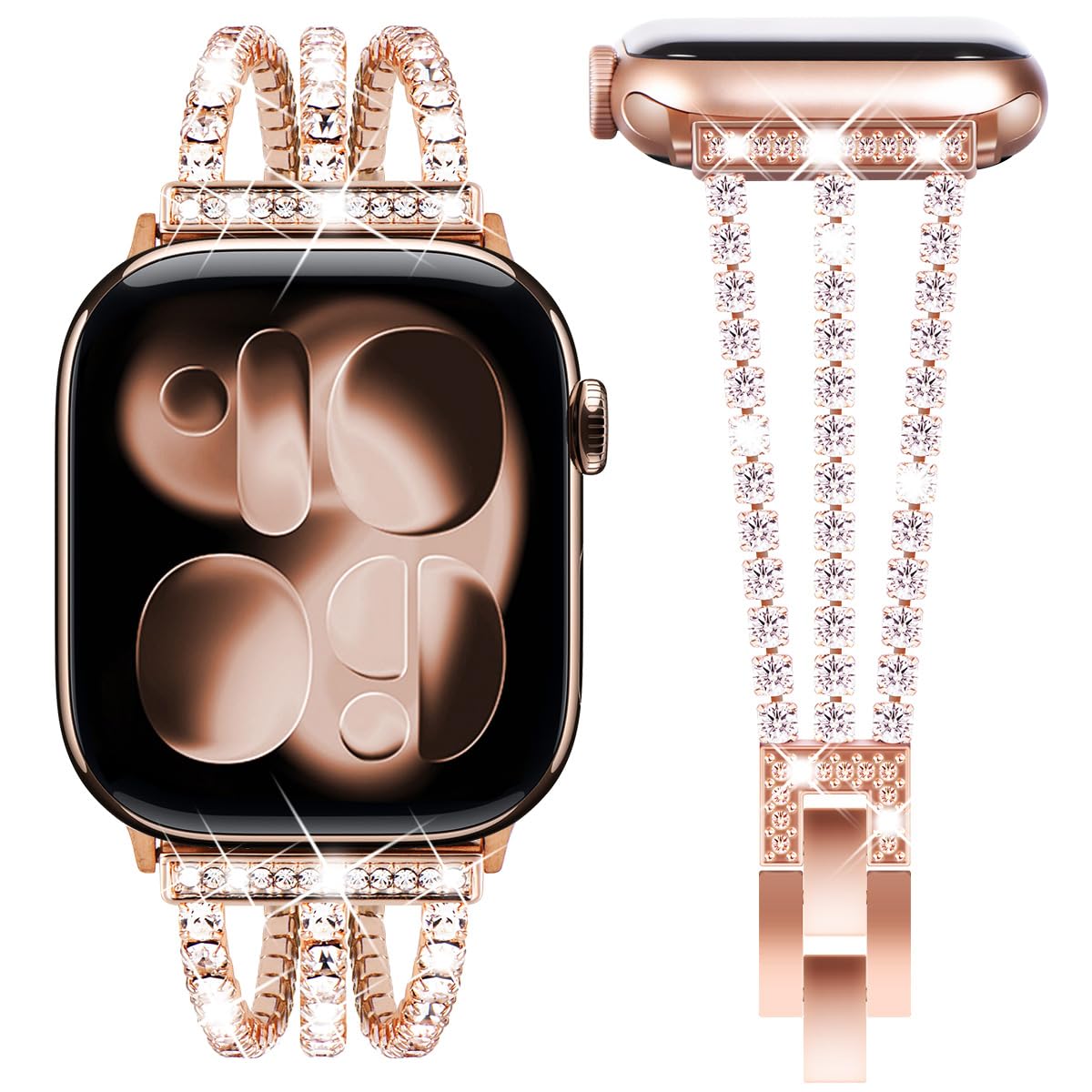 Fullife Compatible with Apple Watch Strap 46mm 45mm 44mm 42mm(Series 3 2 1),Women Sparkling Crystal Bling Bracelet Straps Replacement Band for iWatch SE Series 11/10/9/8/7/6/5/4/3/2/1,Bling Rosegold