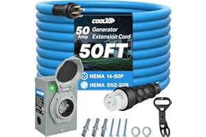 COOLTOP 50 Amp Generator Cord and Power Inlet Box Kit, 50FT Extension Cable STW 6/3+8/1 AWG Generator Cord 125/250V NEMA 14-50P to SS2-50R Pre-Drilled Inlet Box Waterproof Combo Kit, ETL Listed