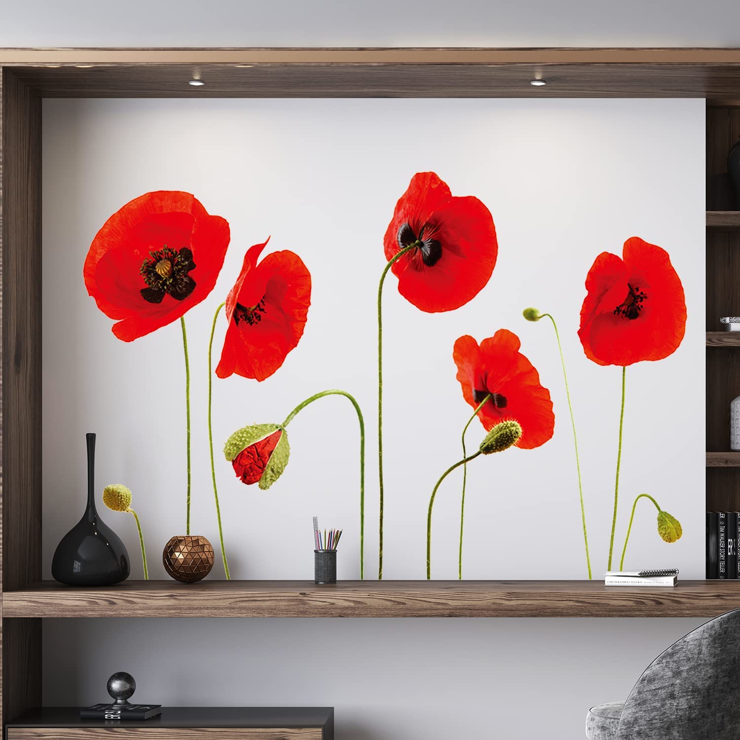 WALPLUS Red Poppy Flowers 13x33x3cm Spring Wall Stickers Nursery Removable Self-Adhesive Mural Art Decals Vinyl Home Decoration DIY Living Bedroom Decor Wallpaper Kids Room Gift Stick on Wall