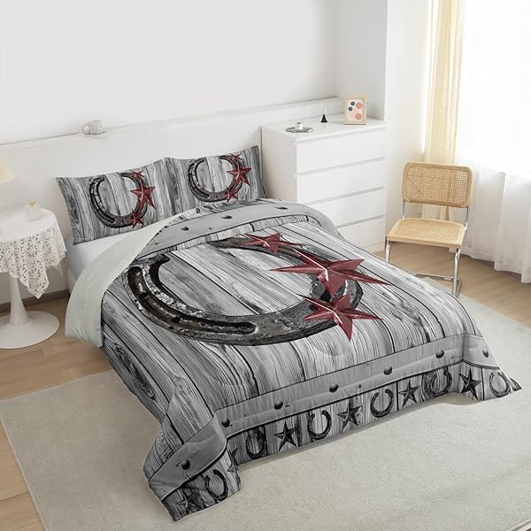 CASTLE FAIRY GREY RUSTIC BARN BEDDING SET FULL SIZE WESTERN COWBOY HORSESHOE COMFORTER SET FOR KIDS BOYS ADULTS TEENS ROOM DECOR VINTAGE FARMHOUSE WOODEN QUILT SET STAR HORSESHOE DUVET INSERT 3PCS