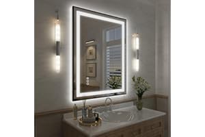 OKPAL 28x36 Black Frame LED Bathroom Mirror, Lighted Bathroom Mirror with Lights, Frontlit & Backlit Lighted Vanity Mirror, Anti-Fog, Dimmable, Shatterproof, Horizontal/Vertical