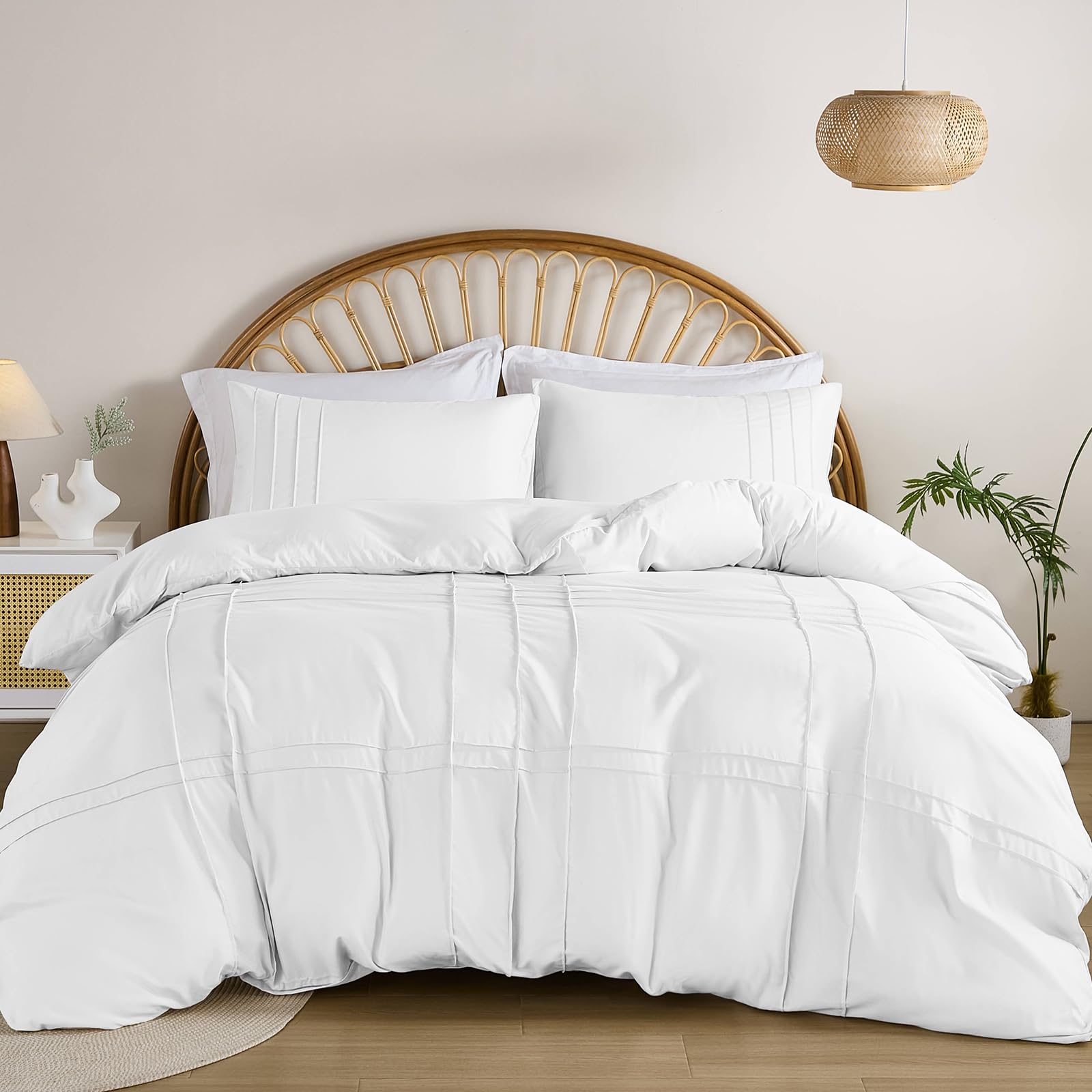 Grid Tufted Duvet Cover Double Size,Pintuck Pinch Pleated Chic Duvet Cover Set Bedding Set, Includes 1 Duvet Cover & 2 Pillowcases (White, 200x200cm)