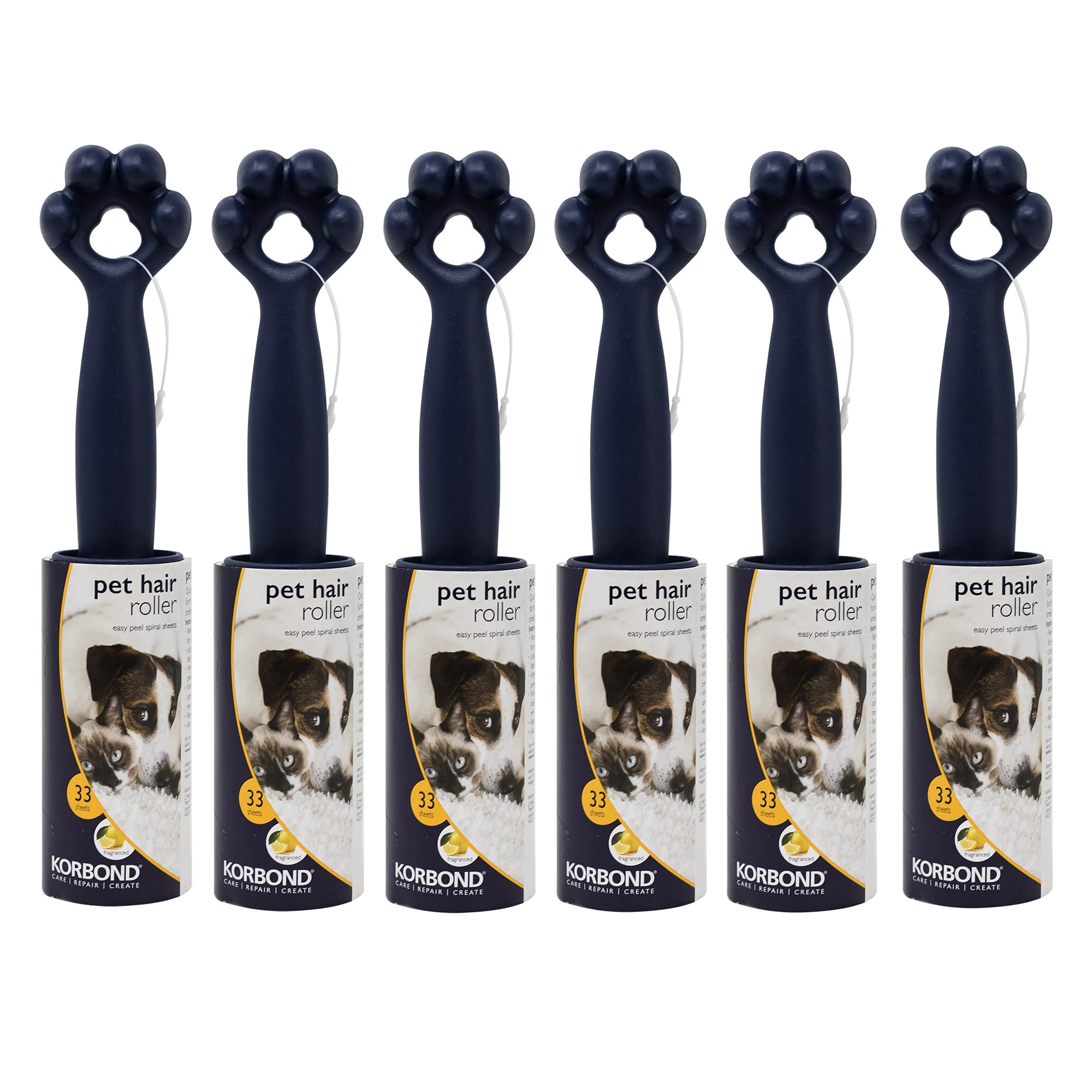 Korbond Pet Lint Rollers - 6 Pack Lint Remover Rollers - 198 Sticky CITRUS SCENTED Sheets– for ALL FABRIC TYPES- Removes Pet Hair & Fluff -NO RESIDUE
