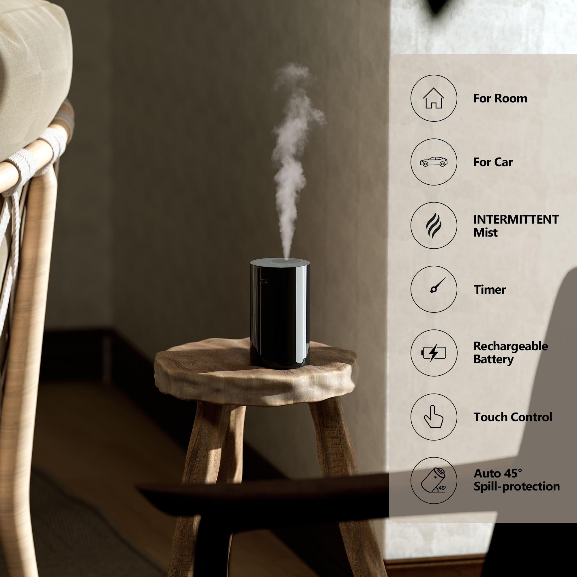 Airversa Waterless Essential Oil Diffuser Starter Kit with 4 x 10mL Hotel Scent Fragrance Oil, Battery Operated Mini Scent Air Machine Portable Diffuser for Home Car Office, AN8 Kit Black