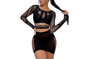 XIUSEMY Lingerie Sets for Women Fishnet Top and Mini Skirt Set Beachwear Outfits