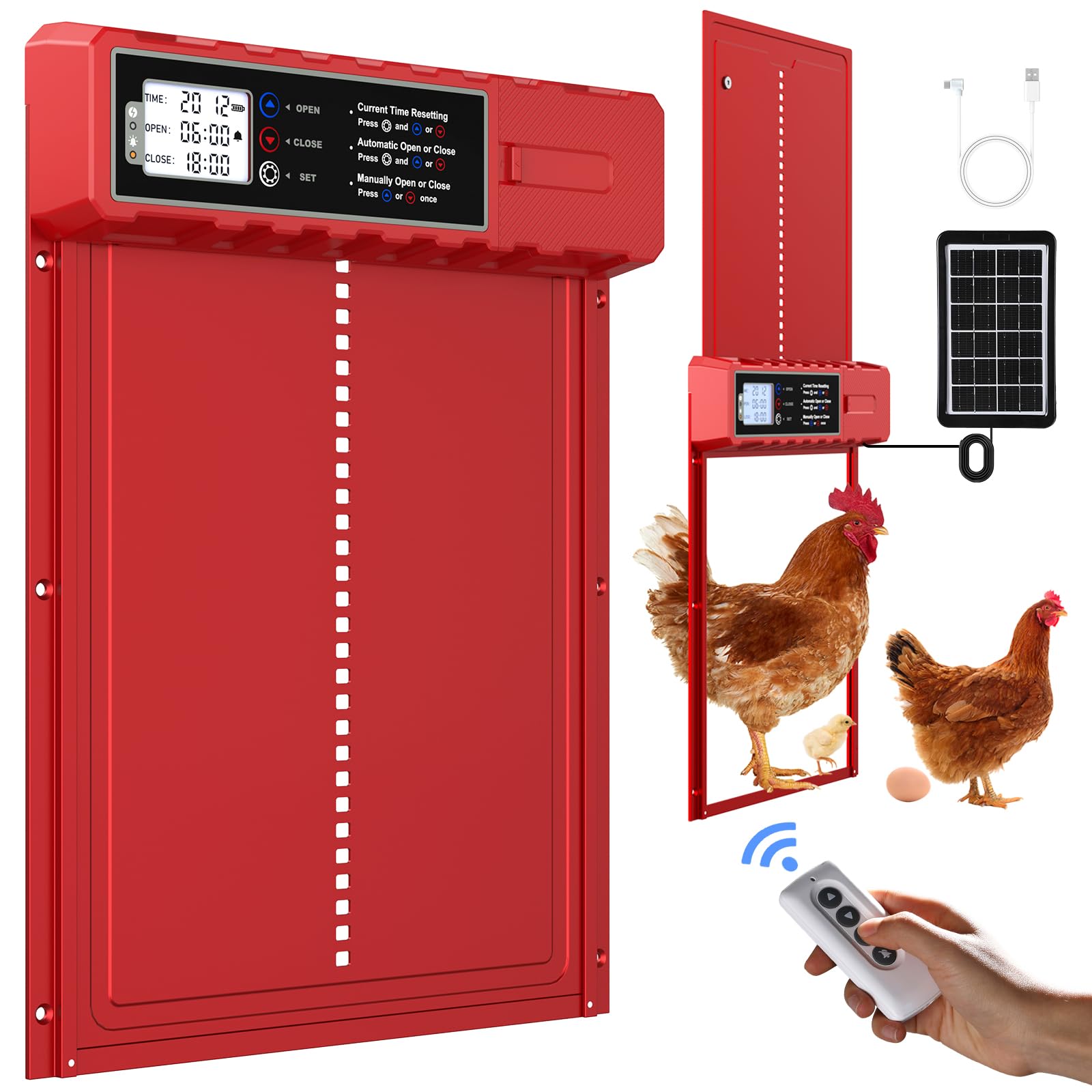 Photo 1 of FabStyl Automatic Chicken Coop Door Solar Powered with XL Large Size 10.8?x 14.2? Red Auto Chicken Door Design with USB-C Charging & 3 Modes, Anti-Pinch & Aluminum Alloy Weather Proof