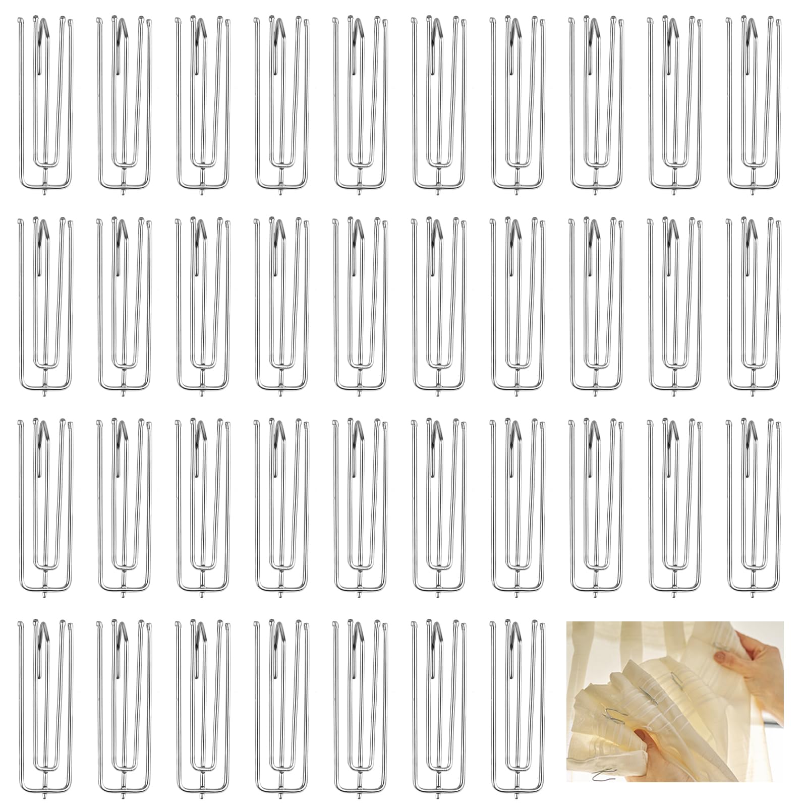 40 Pack Pinch Pleat Curtain Hooks, Stainless Steel Header Tape Pins, Heavy Duty Metal Curtain Hooks for Window Door Bathroom (Silver)