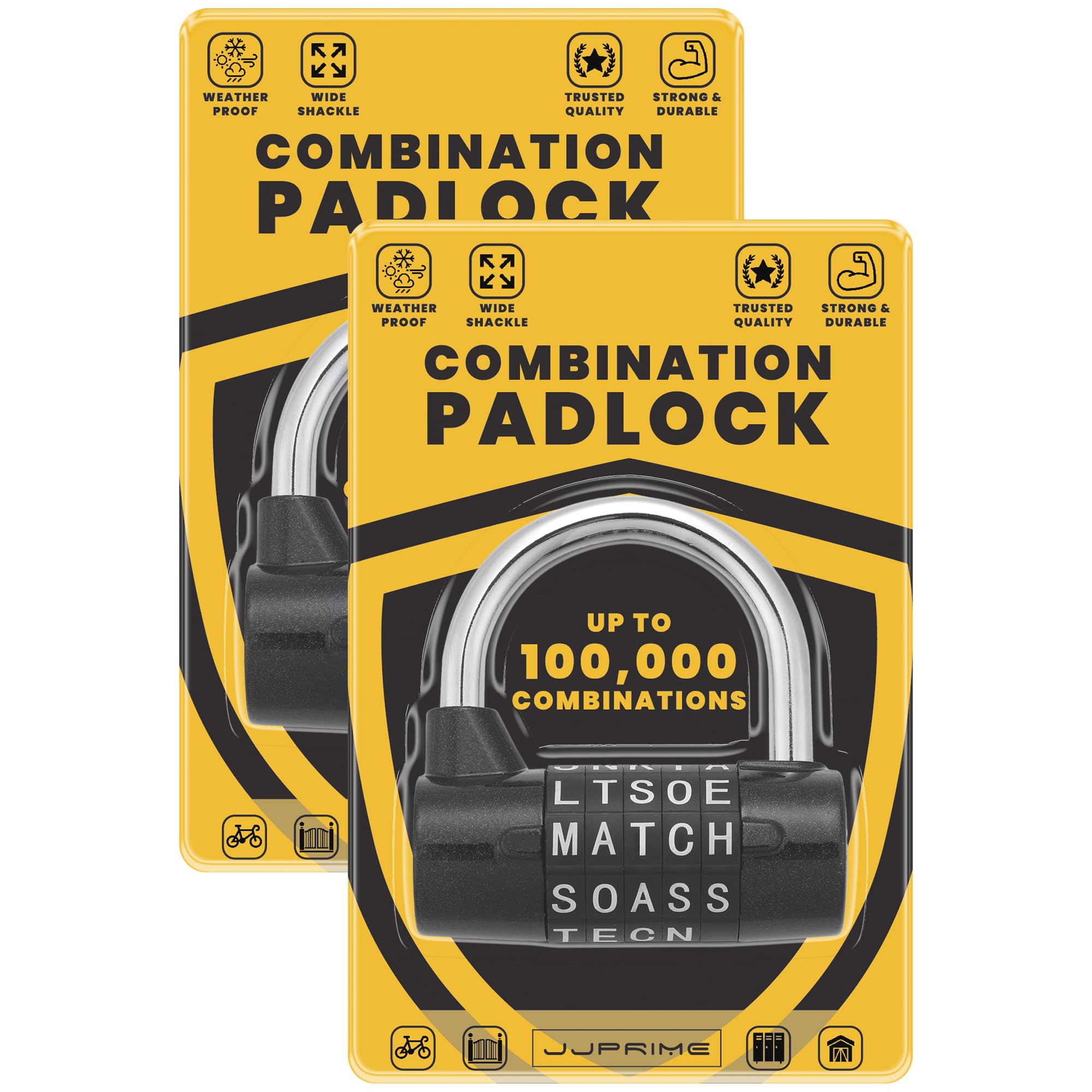 JJ PRIME - 2 Sets 5 Letters Combination Padlock, Weatherproof Heavy Duty for Gym Locker, Gate, Fence, School, Toolbox, Hasp - Black, 7mm