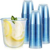 Ziliny 50 Pcs Disposable Stemless Glasses 12oz Crystal Plastic Wine Glasses Clear Classic Pet Cup for Meeting Weddings Birthdays Cocktail Christmas Party Supplies (Light Blue)