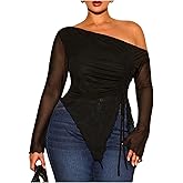 SOLY HUX Women's Plus Size Mesh T Shirt Off The Shoulder Long Sleeve Sheer Tee Ruched Drawstring Asymmetrical Hem Tops
