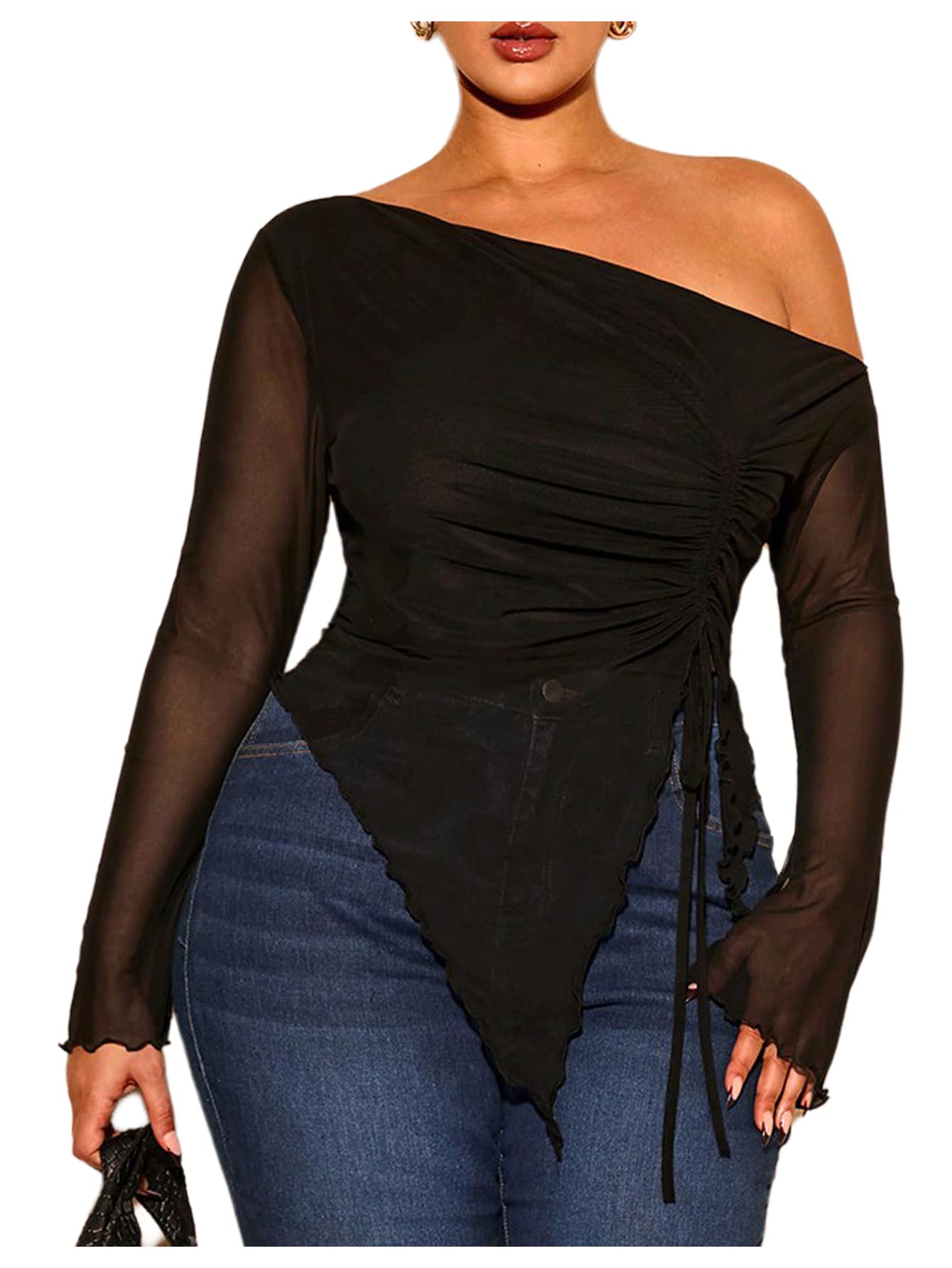 Photo 1 of SOLY HUX Women's Plus Size Mesh T Shirt Off The Shoulder Long Sleeve Sheer Tee Ruched Drawstring Asymmetrical Hem Tops Solid Black 3X-Large Plus