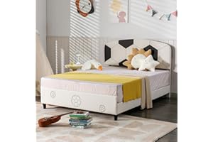 MUZZ Twin Kid Bed Frame,Upholstered Kids Bed Platform with Curved Headboard,PVC Toddler Bed Frame with Sturdy Slats Support，Easy Assembly ，No Box Spring Needed，Bedroom Use（Football）