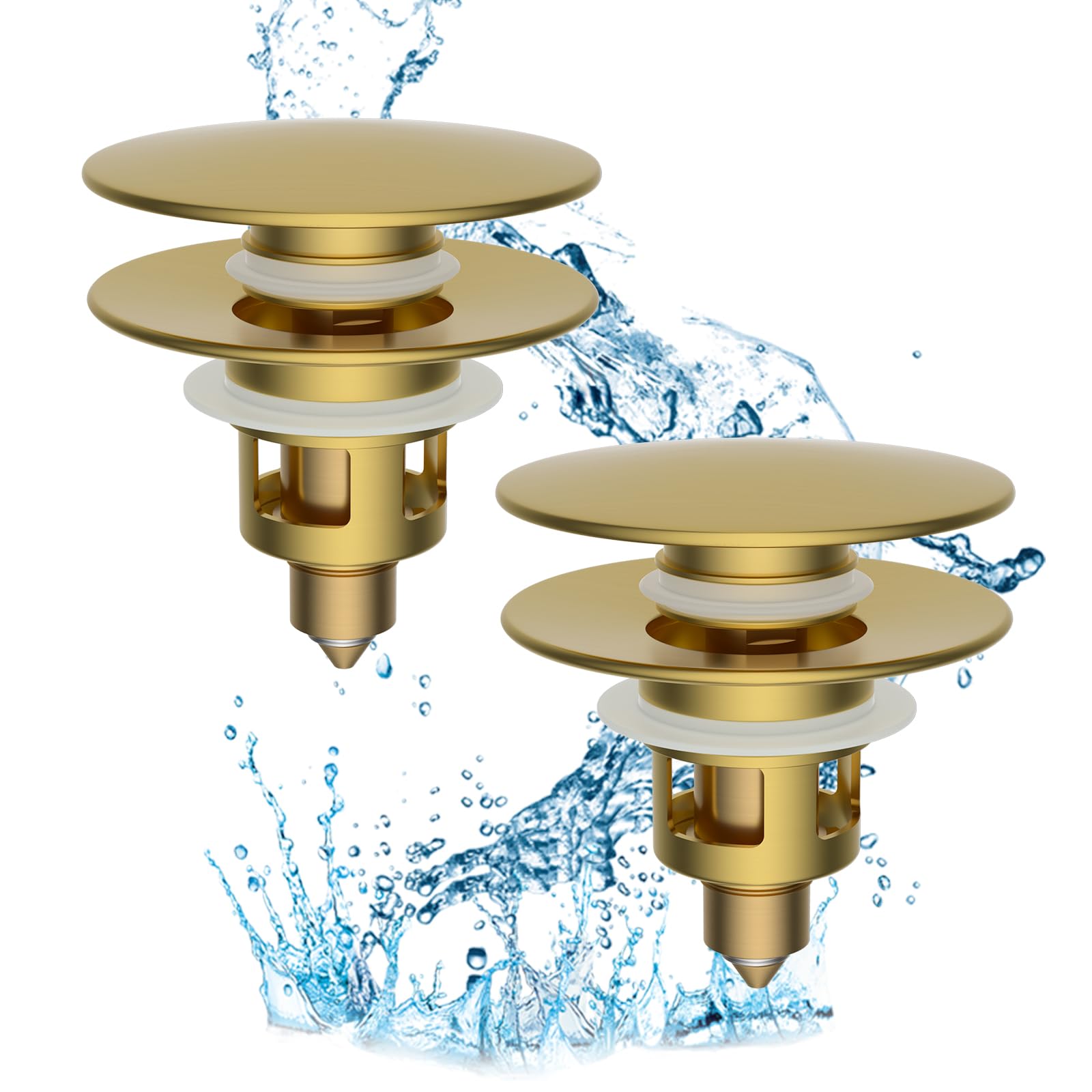 Photo 1 of Hibbent 2 Pack All Metal Bathroom Sink Stopper, Universal Pop Up Drain Strainer, Brass Bullet Core Push Type Sink Stopper for 1.1''~2.3'' Basin, Big Push Button, Anti Clogging Filter, Brushed Gold