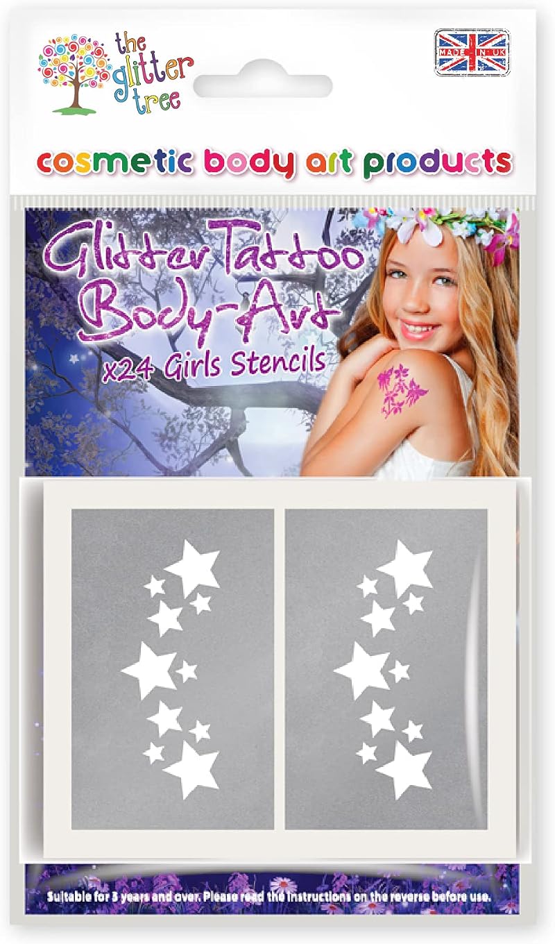 The Glitter Tree 24 Girls Glitter Tattoo Stencils - 12 Unique Designs - Skin
