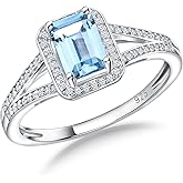 RANDES 925 Sterling Silver Emerald Cut Engagement Ring Created Gemstome Cubic Zirconia Wedding Promise Ring Split Shank Halo Birthstone Rings for Women Size 6-10