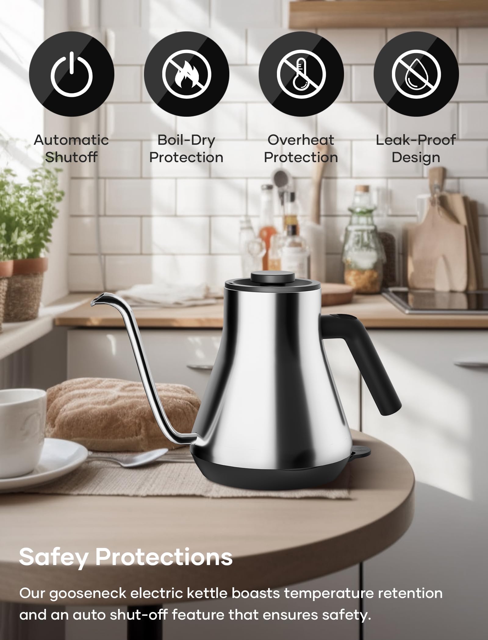 Gooseneck Electric Kettle, Offacy Gooseneck Kettle with 100% Food Grade 304 Stainless Steel, Pour Over Kettle & Coffee Kettle, Tea Kettle 1200 Watt Quick Heating, 0.9L, Siver - Image 5