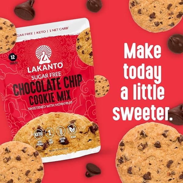 LAKANTO SUGAR FREE CHOCOLATE CHIP COOKIE MIX – SWEETENED WITH MONK FRUIT SWEETENER, GLUTEN FREE, KETO DIET FRIENDLY, VEGAN, 2G NET CARB, ALMOND FLOUR, SEA SALT (12 COOKIES)