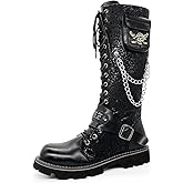 youxiaoyou Men's Fashion Punk Motorcycle Boots Retro Metal Chain Lace Up Mid-Calf Boots
