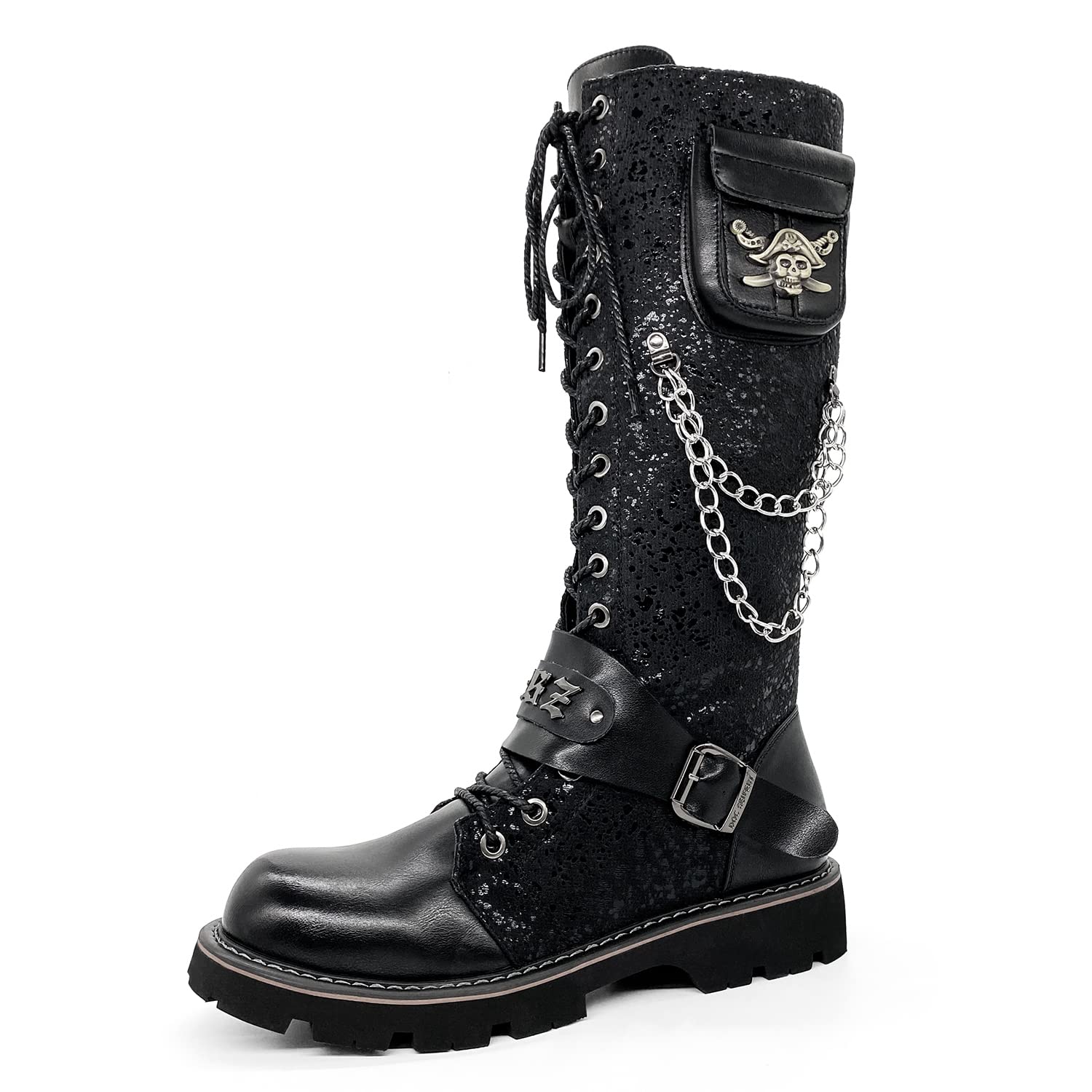 Photo 1 of ****USED USED**** youxiaoyou Men's Leather Metal Chain Boots Mid-Calf Boots Lace Up Buckle Shoes Fashion Retro Boot Size 12 Black