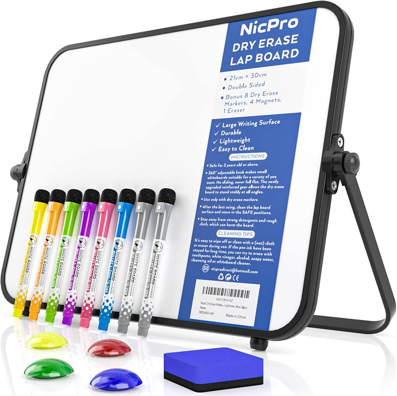 Nicpro Dry Erase Small Whiteboard A4 Double Sided Magnetic with Stand 21x30cm