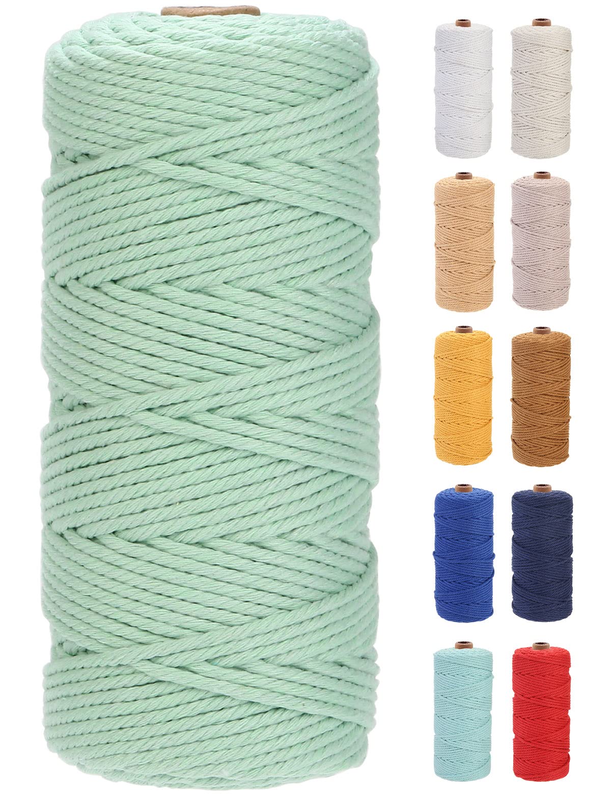 GOHOF Premium Cotton Macrame Cord, 3mm x 100m, 4 Strand Twisted, Mint