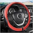 Leather Steering Wheel Cover, Soft Breathable Anti Slip, Universal Fit 15 Inch Car, Truck, SUV (Black/Red)
