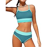 TALLWH Girls Bathing Suit Color-Block Adjustable Straps Bikini Sets Girls Two Piece Swimsuits with Chest Pad Swimwear 7-18T