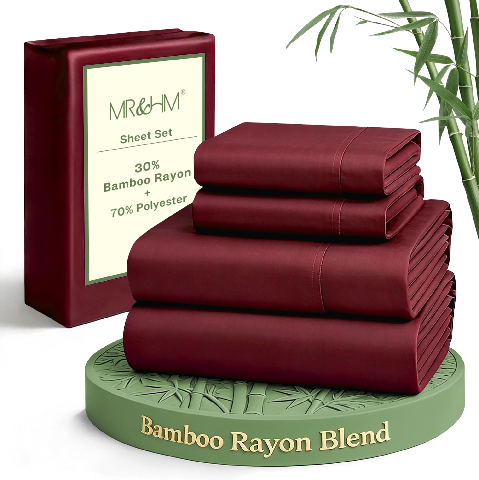 MR&HM Twin Sheets Set, 3-Piece Cooling Sheets, Rayon Derived from Bamboo & Polyester Blend, Soft & Silky, 15" Deep Pockets with Elastic Straps, Hotel Luxury for Hot Sleepers, Burgundy