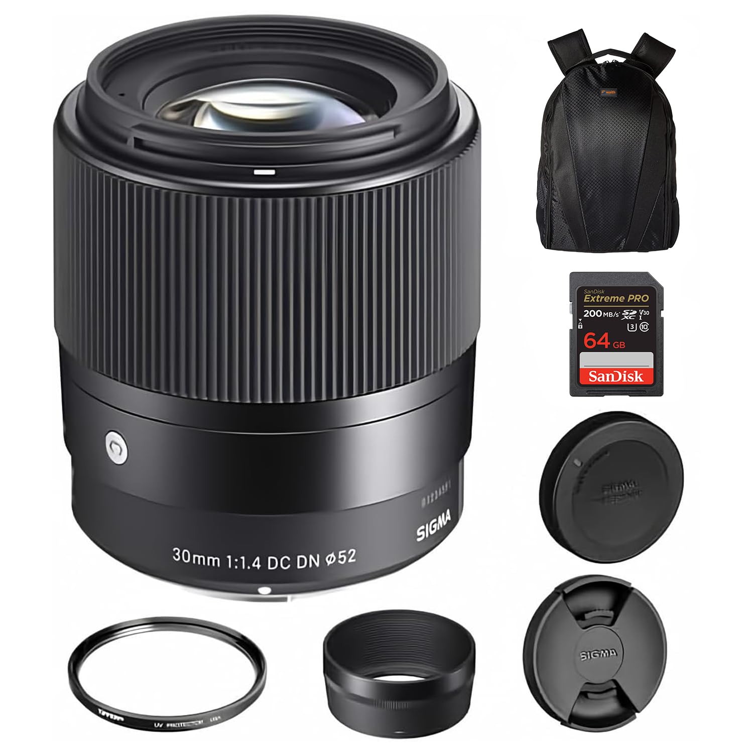 Sigma 30mm f/1.4 DC DN Contemporary Lens for Sony E | Mount Lens/APS-C Format, Rounded 9-Blade Diaphragm, Tiffen 52mm UV Protector, 64GB Extreme PRO Memory Card, and Waith Camera Bag