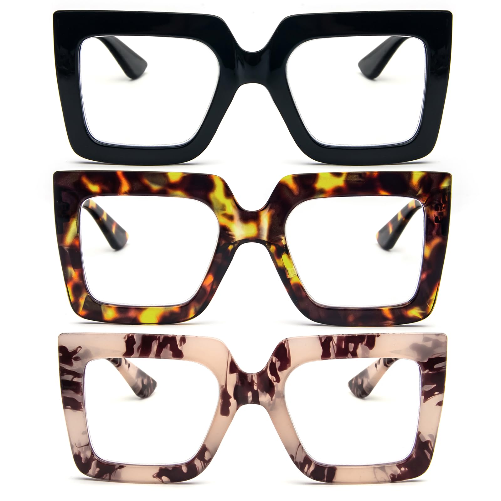 MMOWW Reading Glasses 3 Pack Large Square Frame with Spring Hinges Women Men - Anti Blue Light Computer Reader (Black+Tortoiseshell+Pink Tortoiseshell, 3.5)