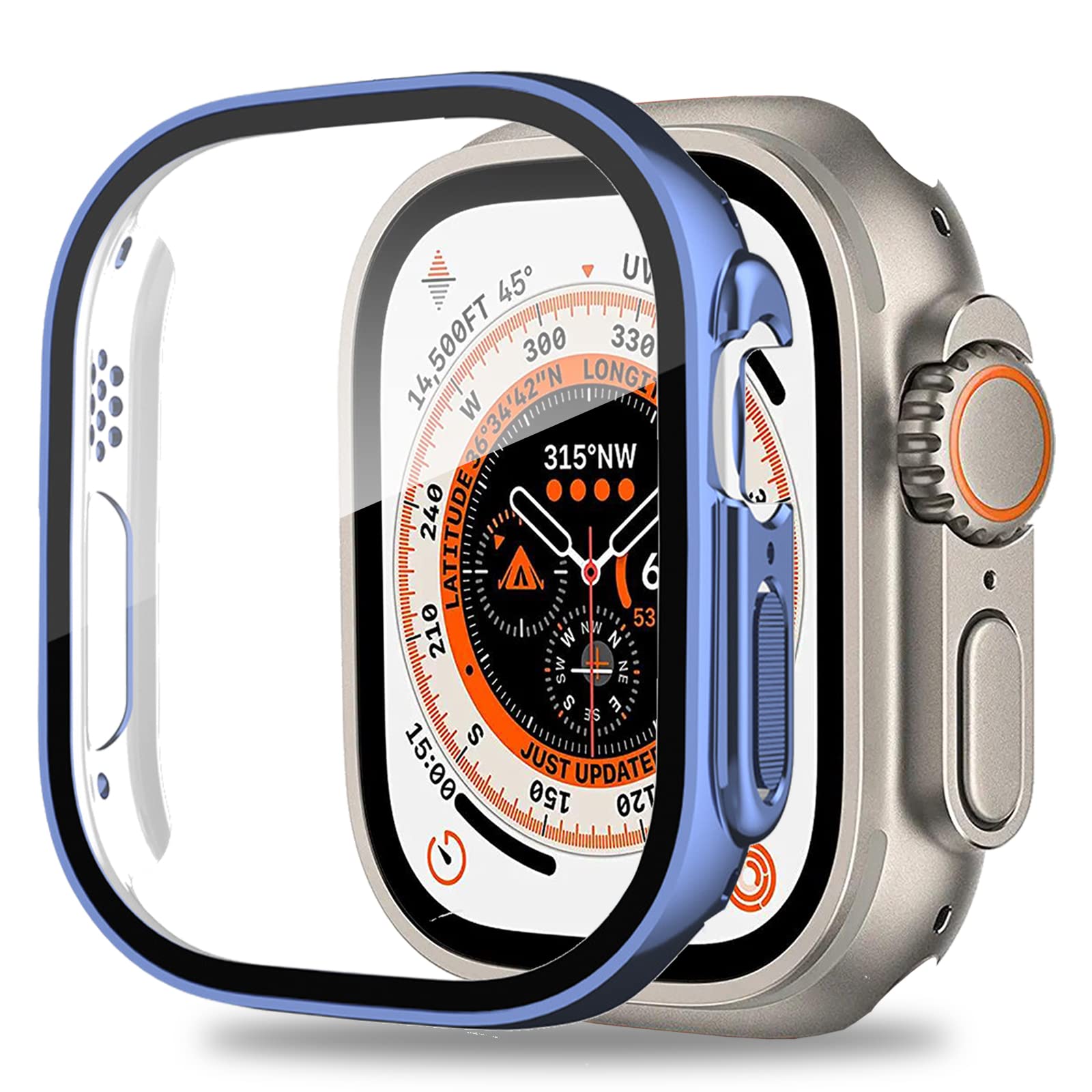 Miimall Compatible with Apple Watch Ultra 49mm Case Tempered Glass Screen Protector, Ultra-Thin Hard PC Shockproof All-Around Bumper Shell Protective Cover for iWatch Ultra 49mm(Blue)