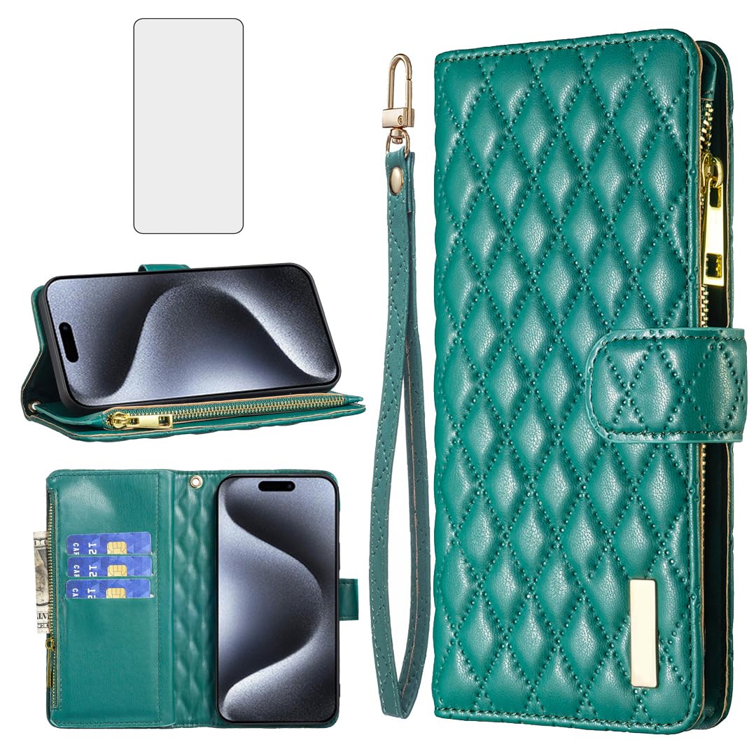 Asuwish Phone Case for iPhone 15 Pro Max 6.7 inch Wallet Cover with Tempered Glass Screen Protector and Flip Card Holder Cell iPhone15promax 5G i Phone15Max Plus iPhone15 ProMax Women Girls Green