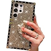 AuroiCCY for Samsung Galaxy S25 Ultra Case with Ring Stand Holder, Women Fashion Shockproof Plating Bling Rhinestone Glitter Cute Girly Cover Protective Luxury Phone Case for Galaxy S25 Ultra (Gold)