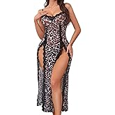Parthenope Women Sexy Lingerie Leopard Mesh Lingerie Dress Split Long Slip Lace Trim Chemise