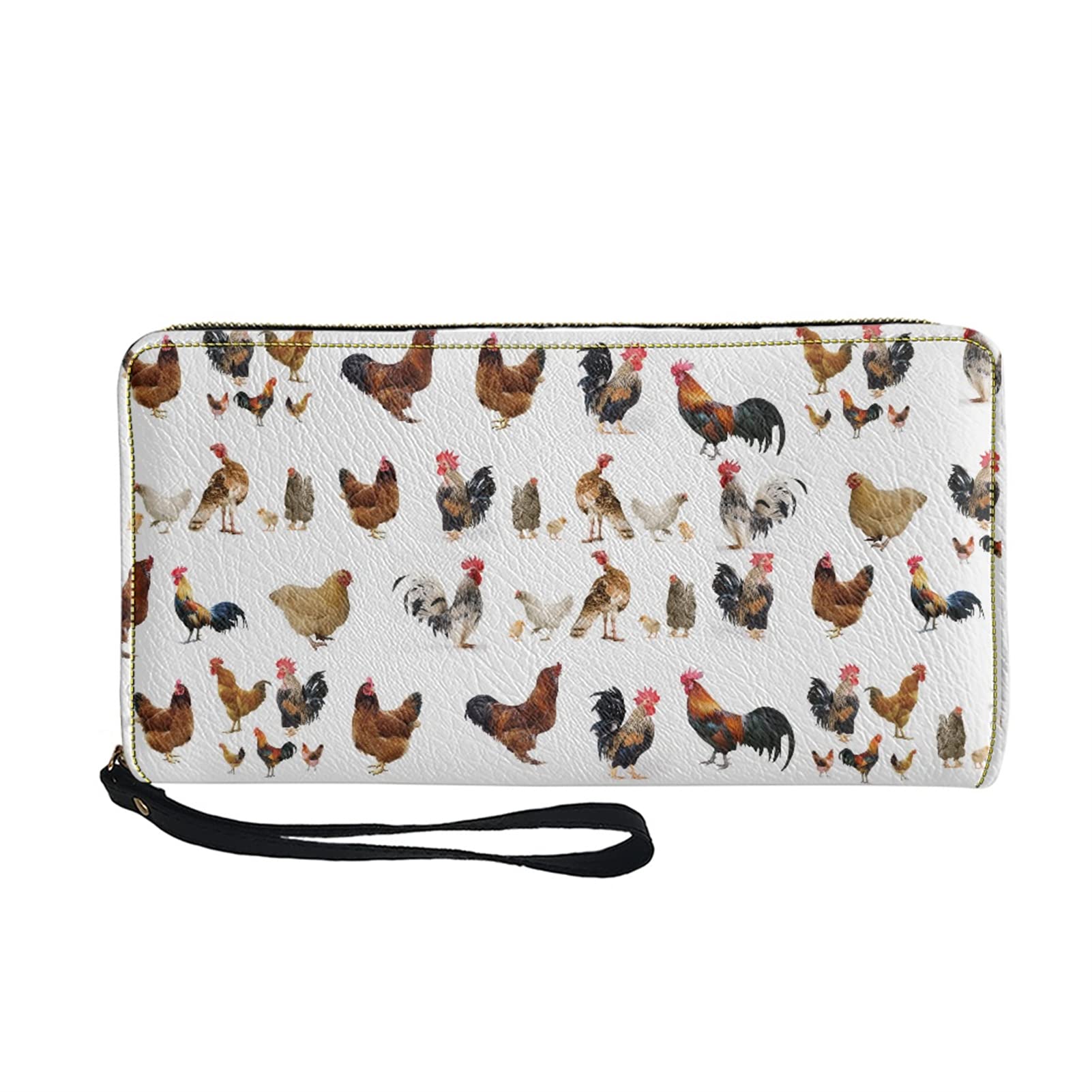 Wanyint Leather Wallet with Wristlet Strap Chicken Farm Animal RFID Blocking Purse ID Card Holder Organizer Clutch Bag Zip Around Change Purse