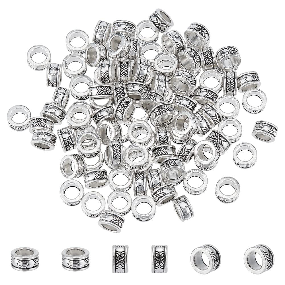 PH PandaHall 100pcs Rondelle Spacer Beads, Large Hole Spacers Hair Beads Tibetan Alloy Antique Silver European Bead for Bracelet Necklace Braid Hair DIY Jewellery Making, 8mm, Hole: 5mm