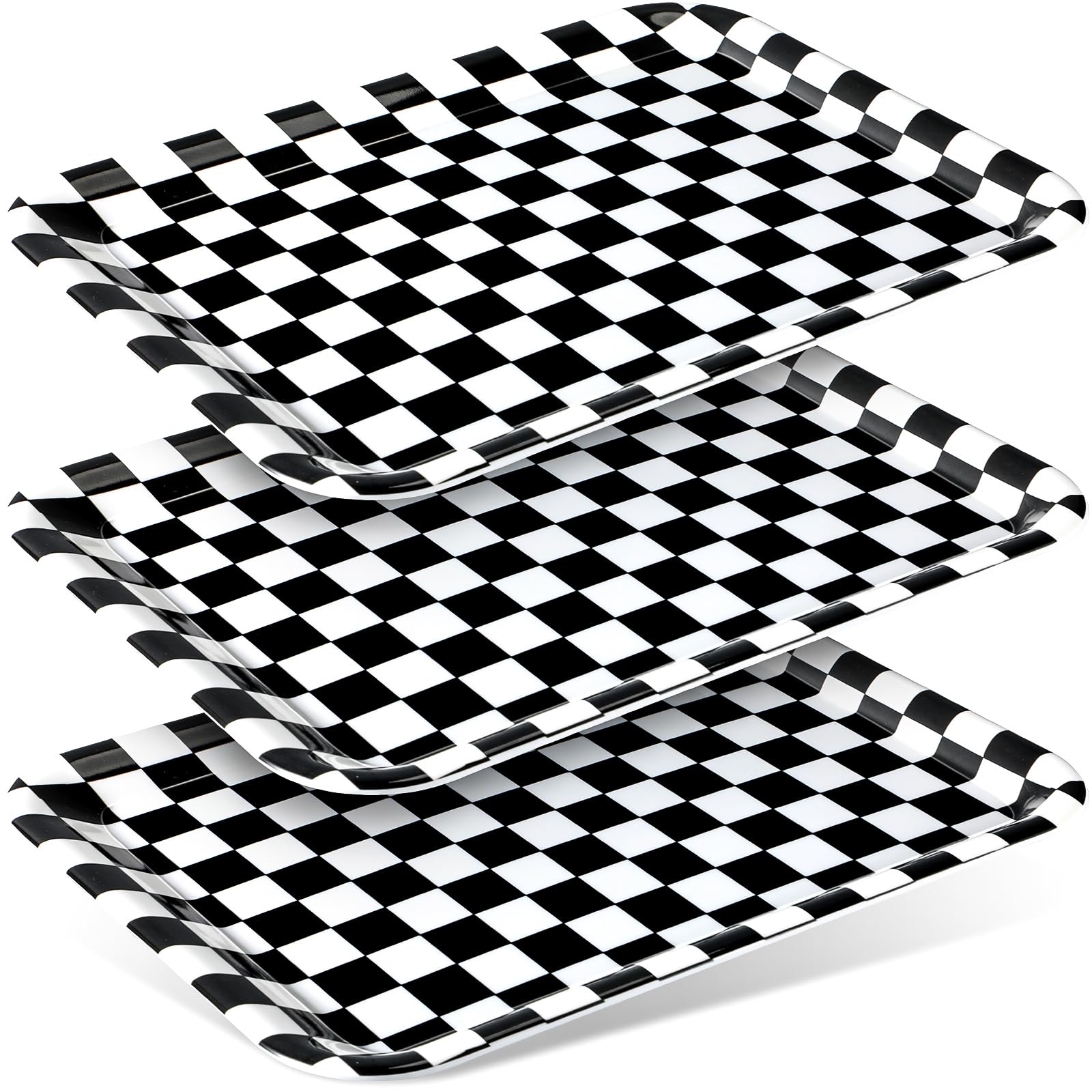Photo 1 of Zubebe 3 Pcs 13 x 10 Inch Checkered Serving Tray Black and White Serving Pieces Race Car Trays Rectangle Checker Plate Plaid Dishes Food Platter for Birthday Party